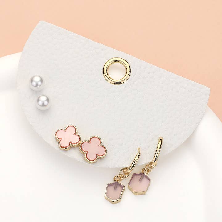 Sensibling Corp. - Wholesale Jewelry Set - 3Pairs - Quatrefoil Pearl Stud Natural Stone Dangle Earrings