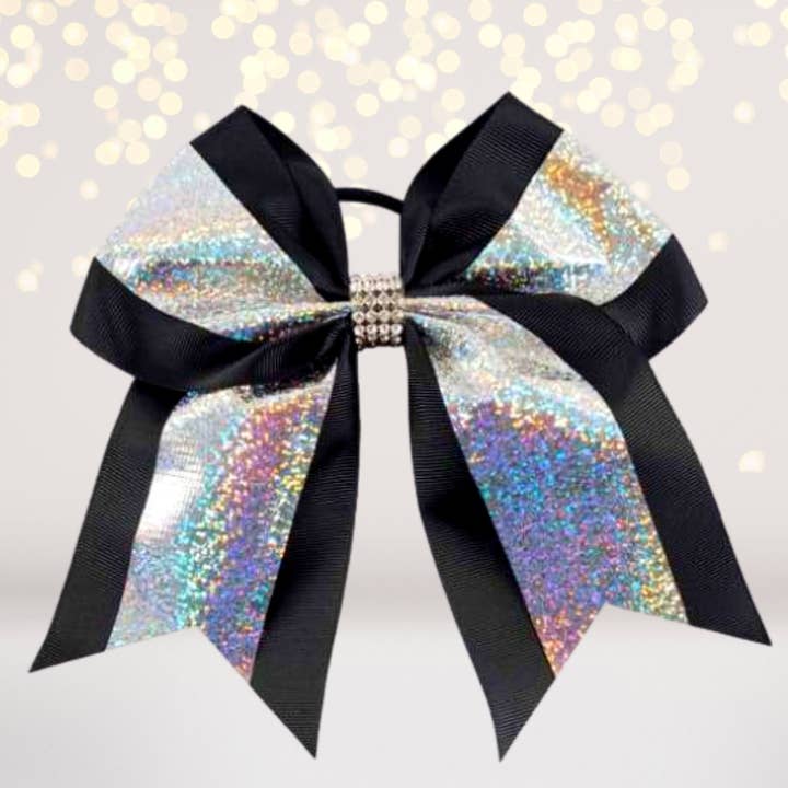 Black Hologram and Rhinestone Cheer Bow, Hologram Glitter Cheerleading Bow for wholesale on Faire