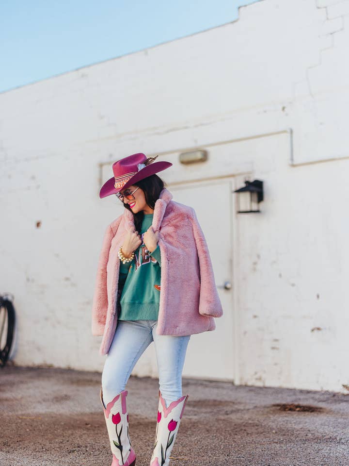 Brianna Cannon - Wholesale Fur/Faux Fur Coat - Women's - Dusty Pink Vegan Fur Coat with Floral Lining 24