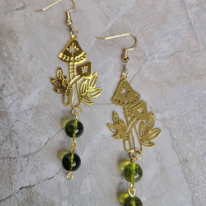 Mushroom Earrings with Green Beads, Phases of the Moon with for wholesale by My Magic Place Shop