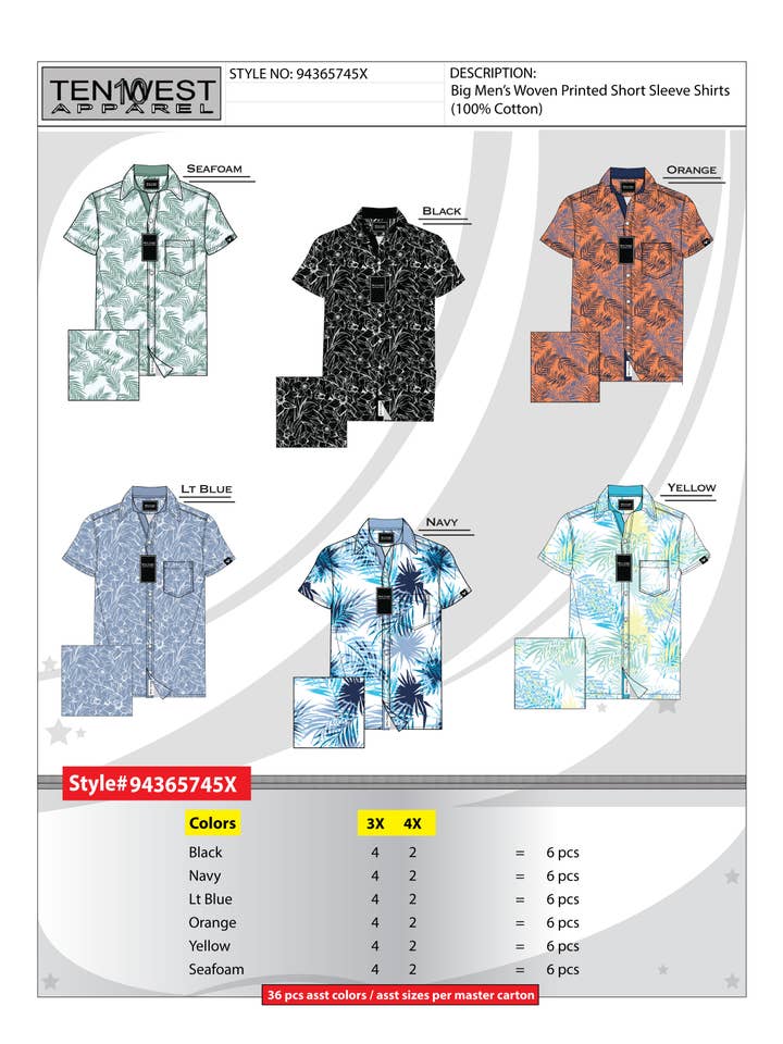 Ten West Apparel - Wholesale Button Down Shirt - Men's - Big mens woven printed short sleeve shirts-94365745X