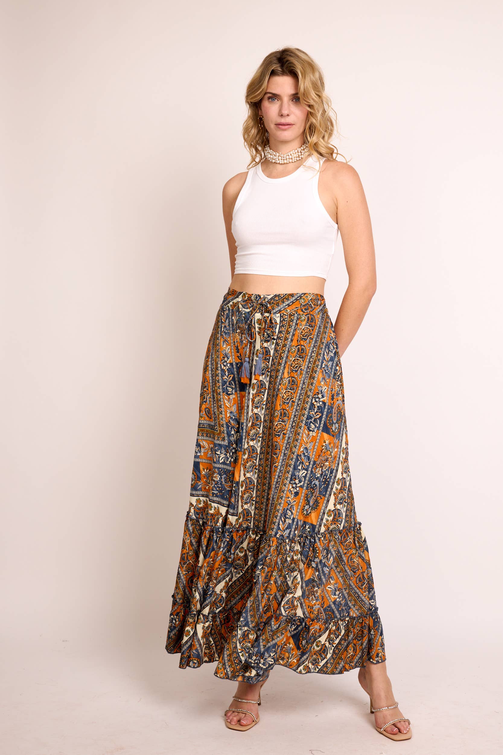 RED COMBO BLACK COMBO TURQUOISE COMBO Boho Skirt in Cold Silk with Ethnic Print – Handmade for wholesale on Faire