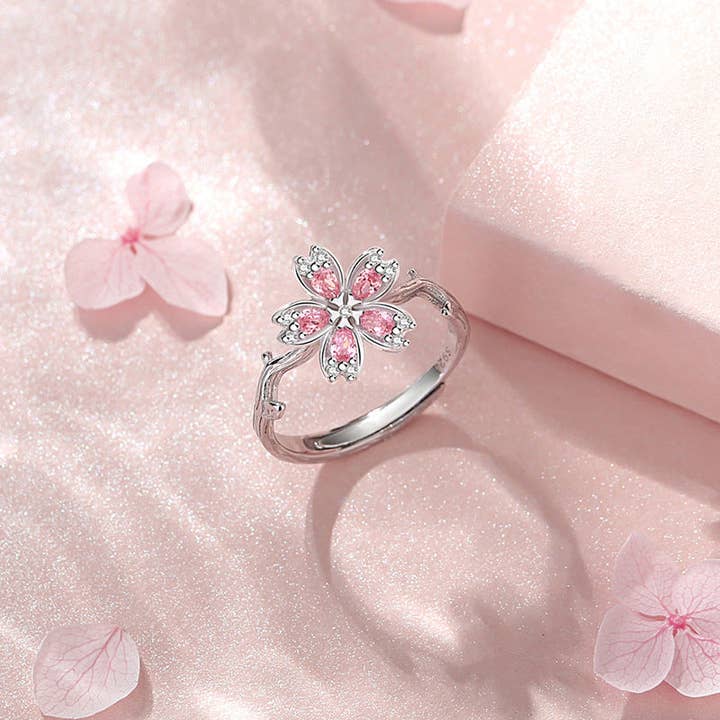Perimade & Co. LLC - Wholesale Multi-Stone Ring - Pink Cherry Blossom Flower Band Ring in 925 Sterling Silver2