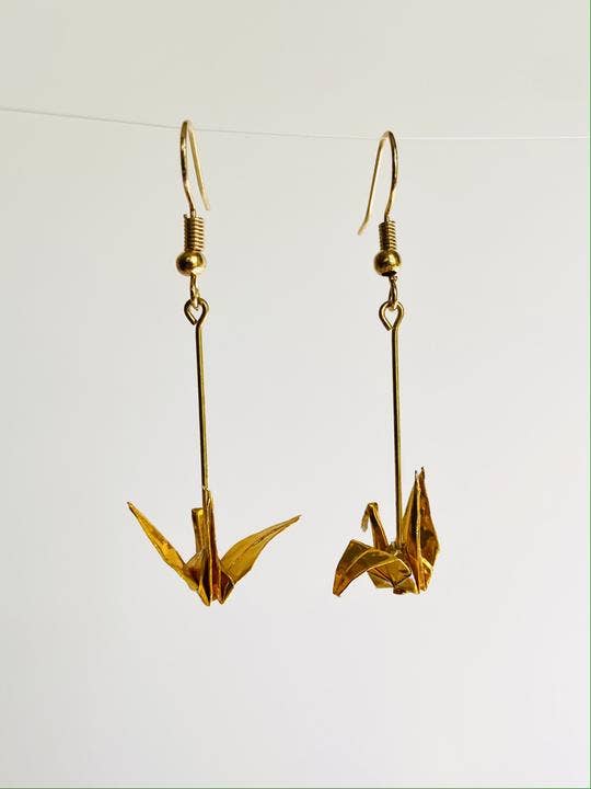 Gold Crane Earrings for wholesale by Maya Joy in the World