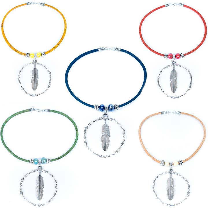Handmade necklace for women with colored cork cord and colored ceramic beads and alloy feather accessories N-138-MIX-5 for wholesale by Meninas Bonitas Cork
