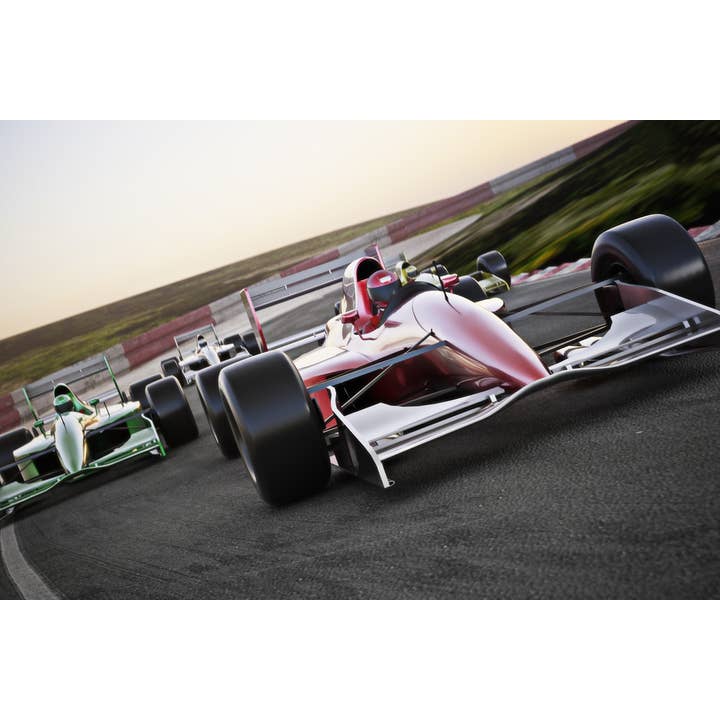 Rød racerbil på banen i spidsen af feltet foto fotografi vægkunst for engroshandel hos Gotham Gifts