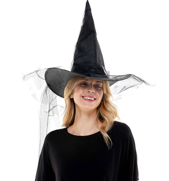 KBW Global Corp. - Wholesale Hat Accessory - Women's - Black Witch Hat With Brooch & Veil