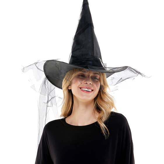 Black Witch Hat With Brooch & Veil for wholesale by KBW Global Corp.