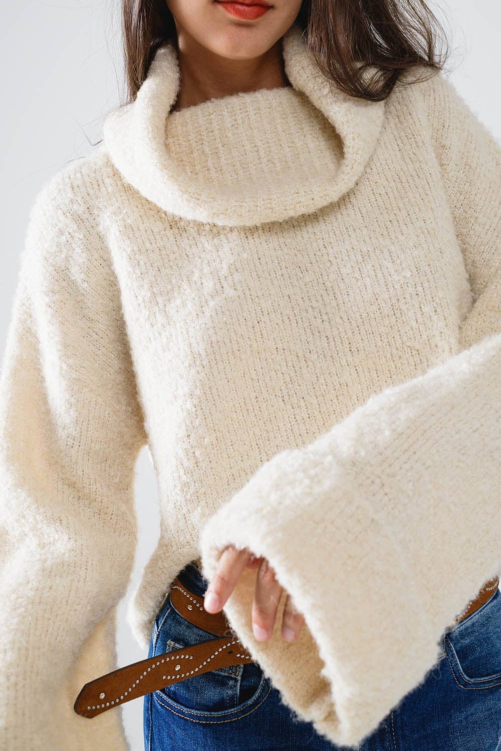 White knitted fluffy high neck sweater in cream for wholesale on Faire3