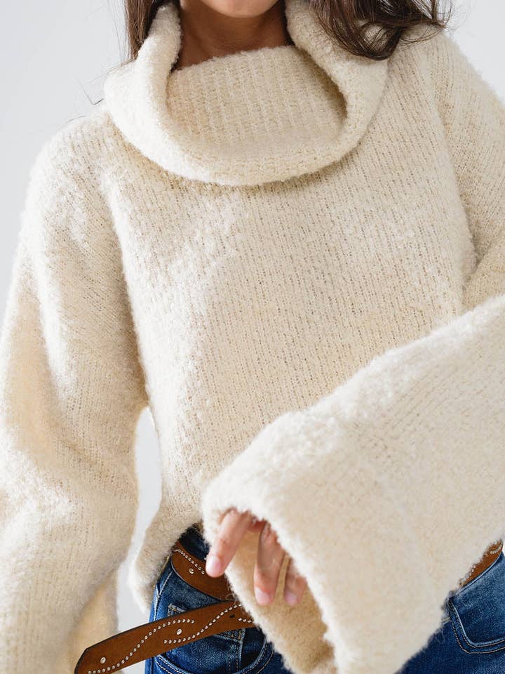 White knitted fluffy high neck sweater in cream for wholesale on Faire3