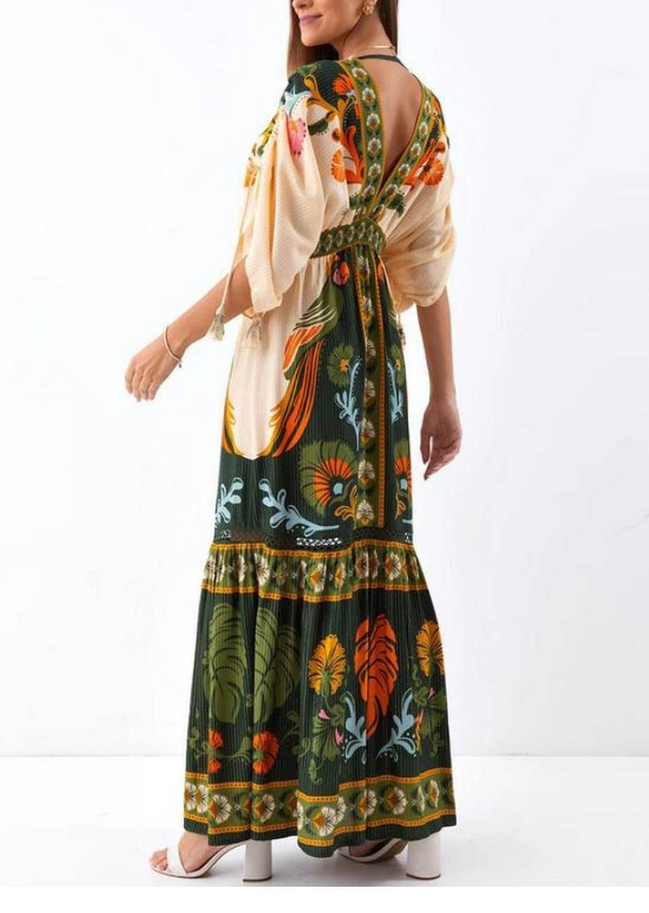 Green Vintage V-Neck Boho Floral Print Short Sleeves Dress JRM131 for wholesale on Faire2