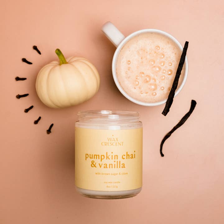 Pumpkin Chai & Vanilla Soy Wax Candle  for wholesale by Wax Crescent
