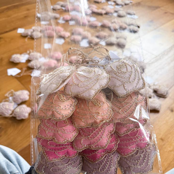 15pcs Rose Handmade Linen Decoration Pink Peach Coral Purple for wholesale by Katie Larmour Linen