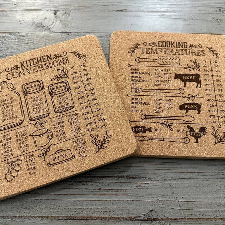 Laser Engraved Cork Trivets – Kitchen Conversion & Cooking Temperature Charts for wholesale by Seeds & Sawdust