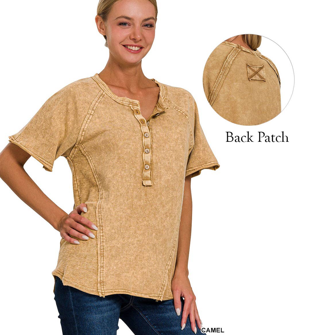 42POPS - Vente Haut en maille – femme - Haut à fermeture boutonnée avec bord brut lavé et détails2