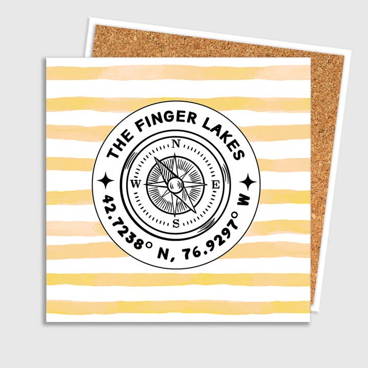 Sous-verre en céramique personnalisé Finger Lakes à rayures jaunes pour la vente par Lake Town Love