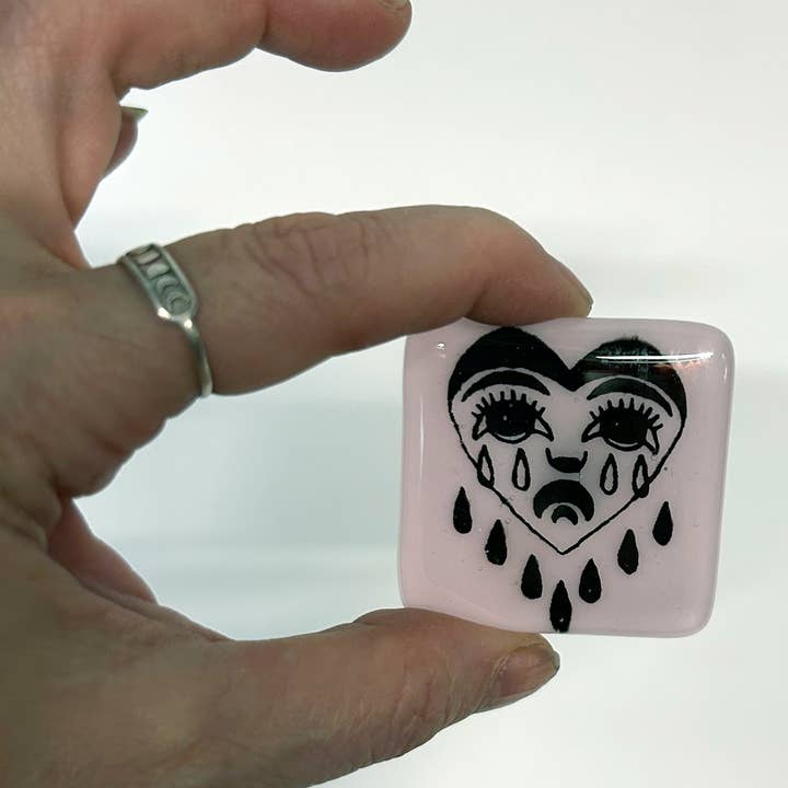Crying Heart Tattoo Fused Glass 1.75" Magnet for wholesale by Kiku Handmade | Contemporary Fused Glass Home Goods