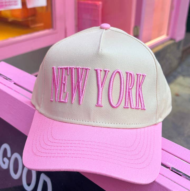 New York Beige Embroidered Trucker Hat for wholesale by Colorful Natalie