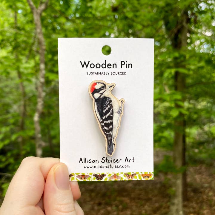 Spilla in Legno di Picchio Pubescente (Sostenibile) per la vendita all'ingrosso da parte di Allison Stoiser Art