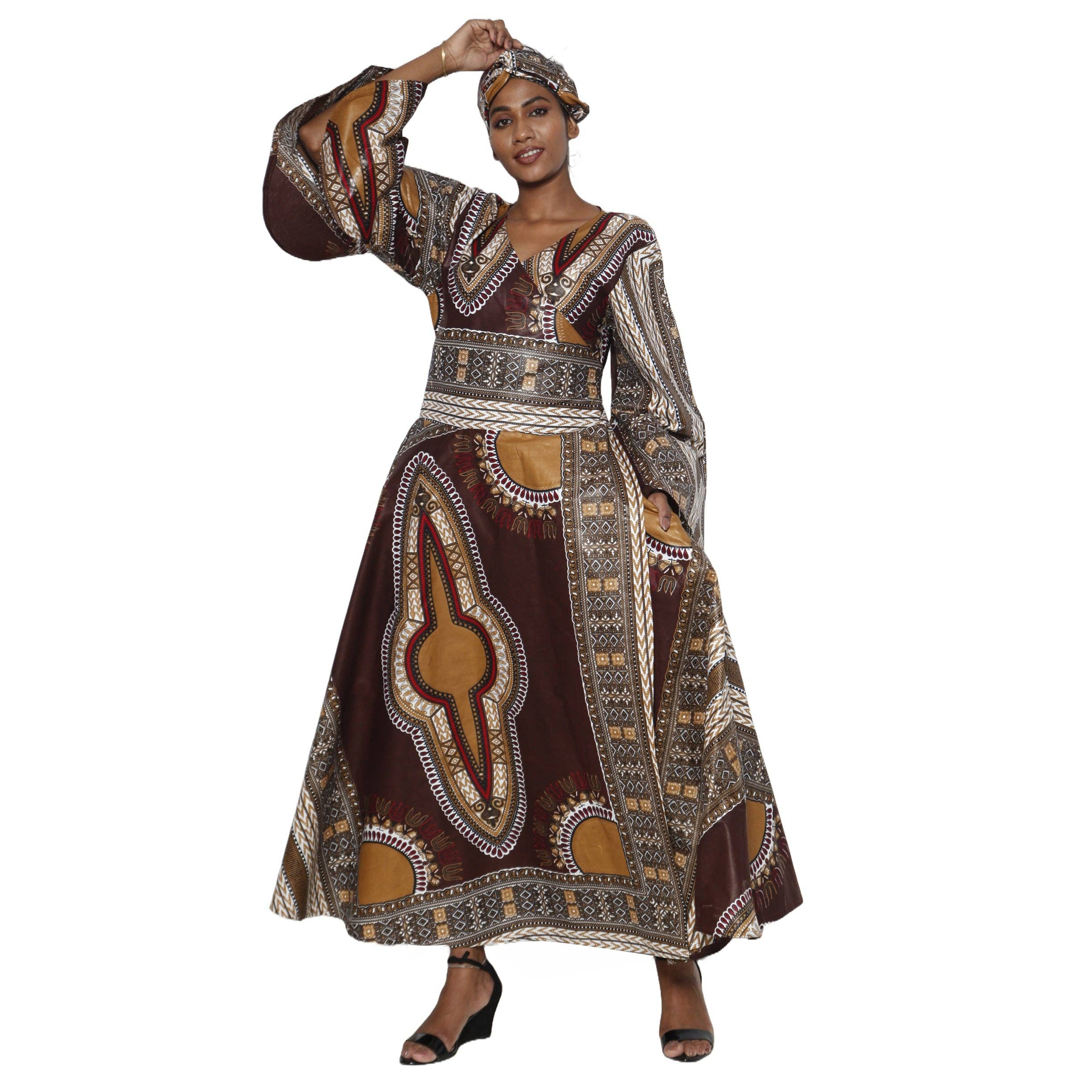 African Stars - Vente Robe – femme - Robe longue cache-cœur à manches longues pour femmes Dashiki -- FI-D56D3