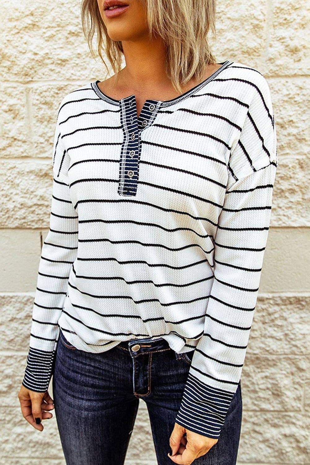 Lovesoft – wholesale Knit top – Women's – Striped Color Block Buttoned Waffle Knit Shirt2