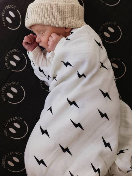 Muslin Swaddle | Black & White Lightning Bolt for wholesale by Forever French Baby