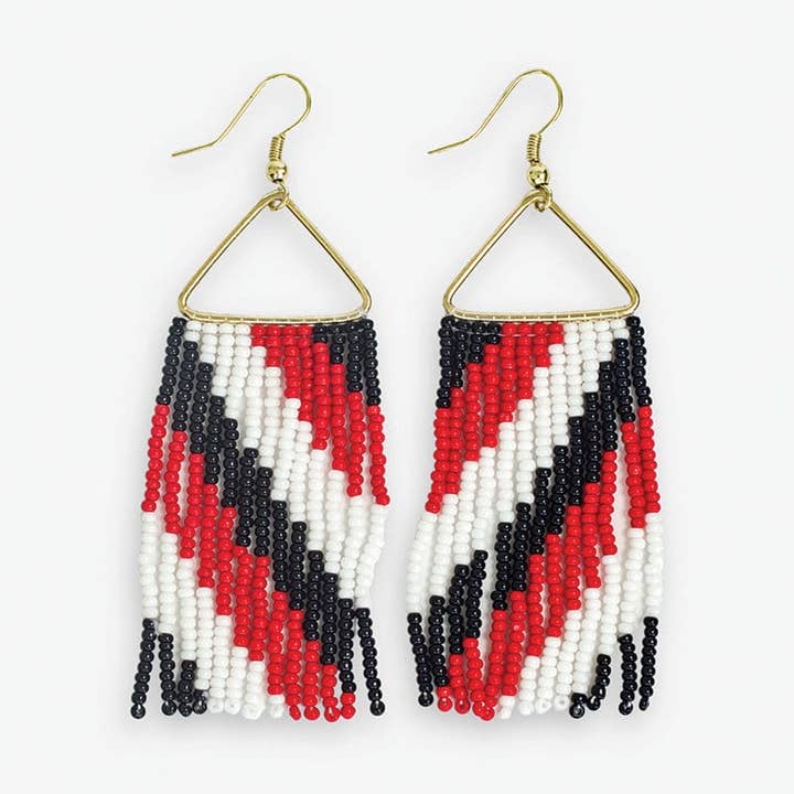 Whitney Game Day Diagonal Stripes Beaded Fringe Earrings Bright Red and Black Wholesale for wholesale by INK + ALLOY