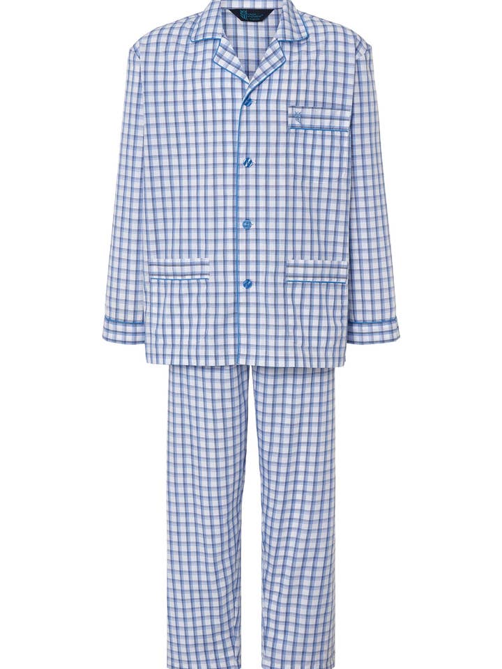 Men's Long Pajamas Lapel Plaid Poplin - Blue 1403 for wholesale by El Búho Nocturno