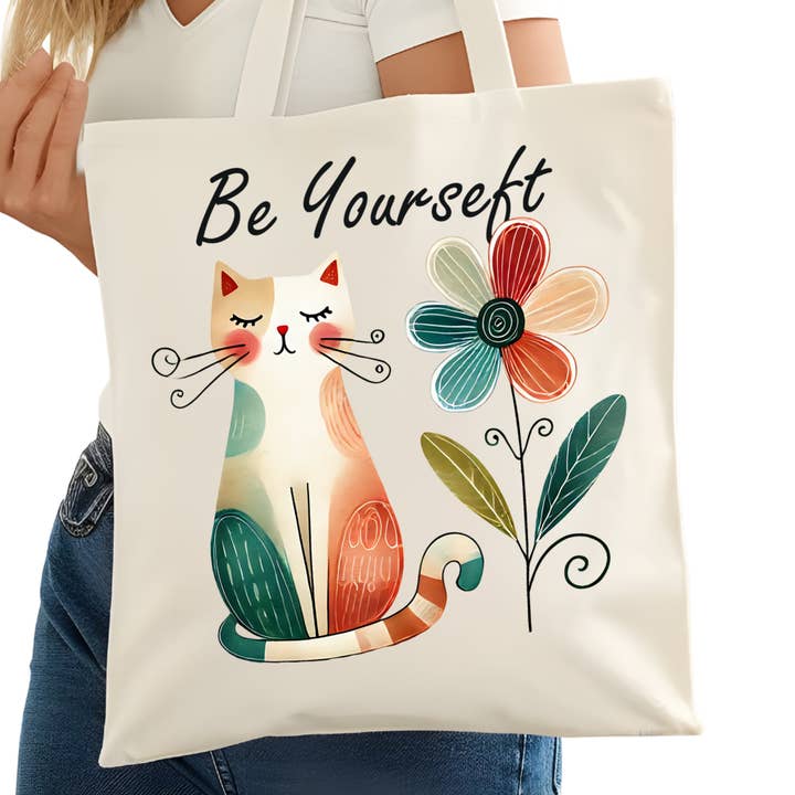Be Yourself Cat Bookish Tote Bag – Reading Tote for Book Lovers – Book Reader Bag - Romance Reader Tote - Book Store for wholesale by Purely Bookish