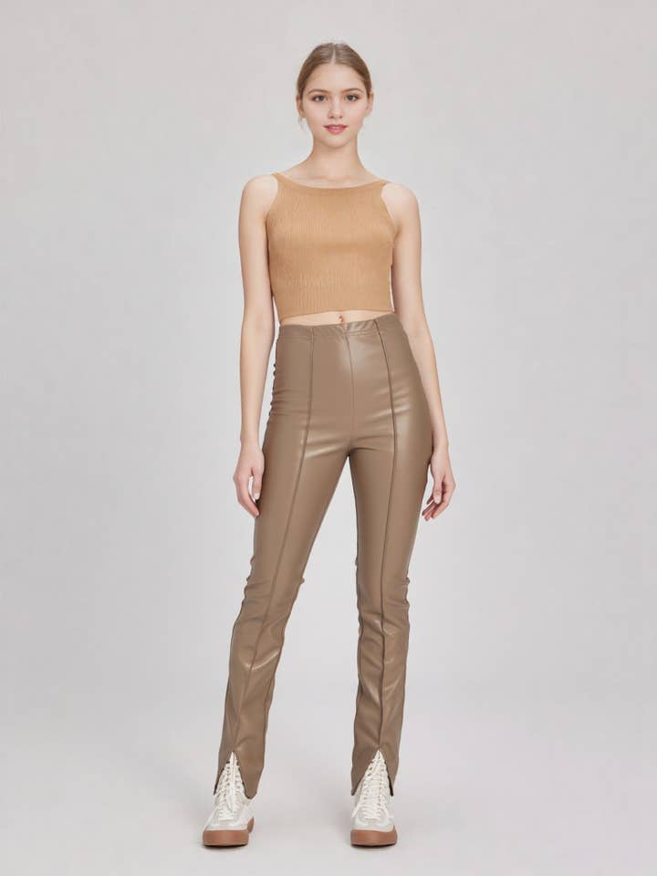 VERY J - Wholesale Pants - Women's - NP70301-High Waist Fitted Bell Bottom Faux Leather Pants