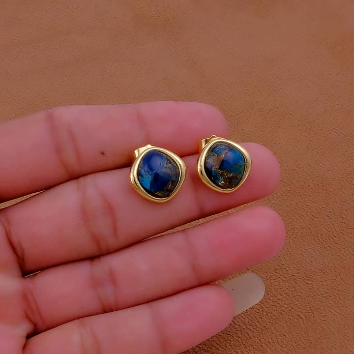 Apatite Mohave Stud Gemstone Anti-Tarnish Handmade Earrings for wholesale by El Joyero