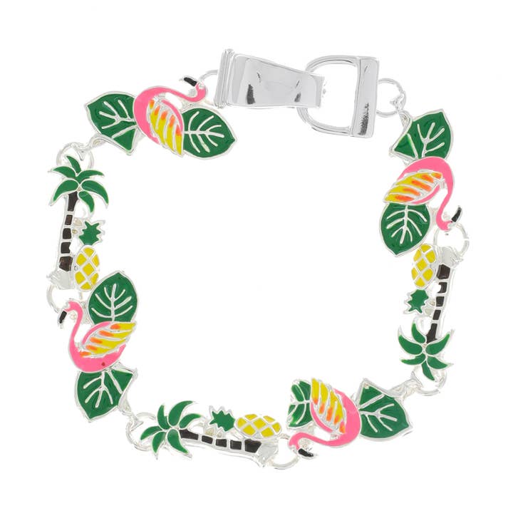 Flamingo & Palm Trees Tropical Charms Link Bracelet for wholesale by SP Sophia Collection