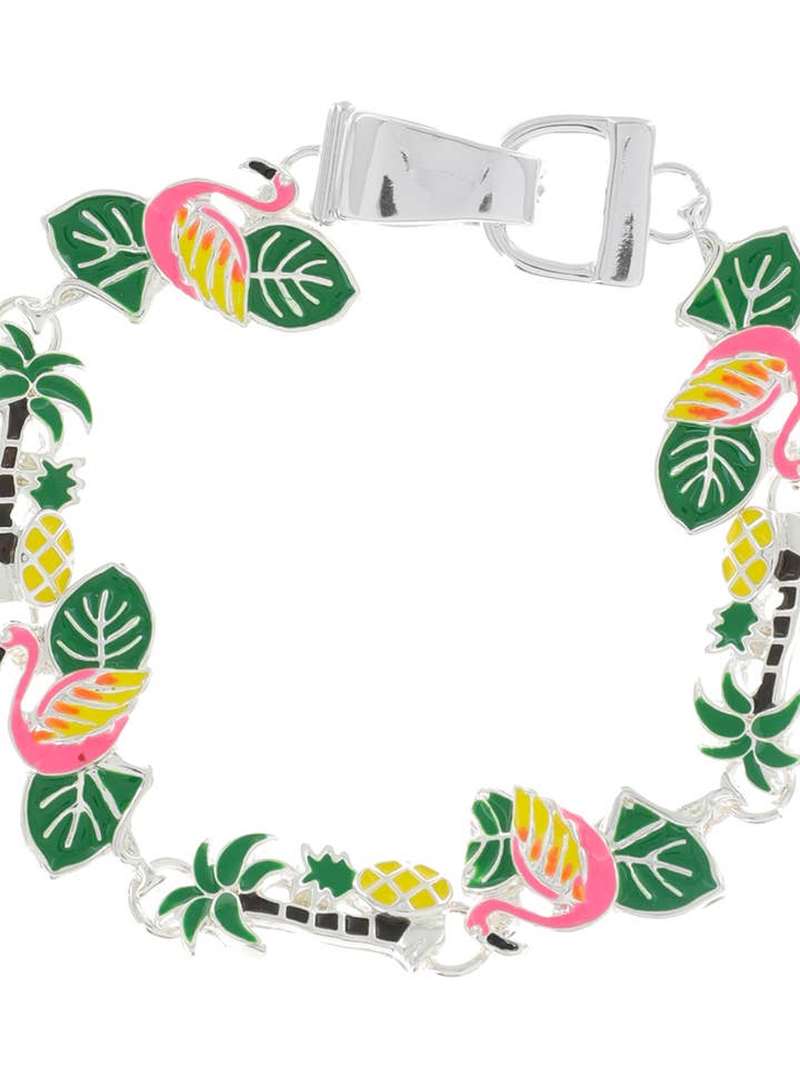 Flamingo & Palm Trees Tropical Charms Link Bracelet for wholesale by SP Sophia Collection