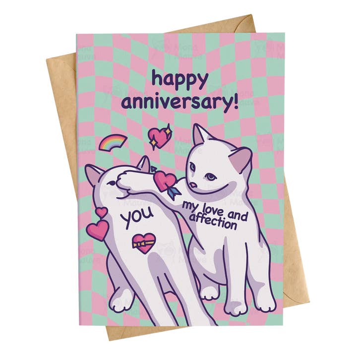 Simpatico biglietto di anniversario | Cat Meme | Love & Affection per la vendita all'ingrosso da parte di Mona Mauve • Silly Art!