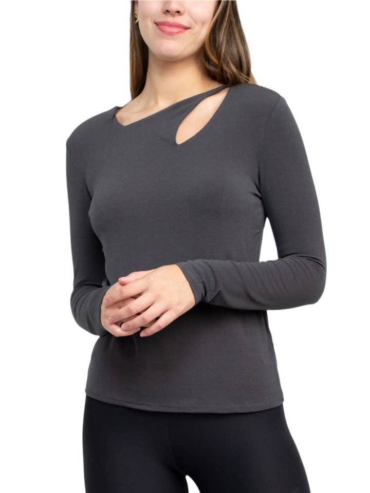 Catherine Malandrino Asymmetrical Cutout Neck Long Sleeve Solid Crepe Top for wholesale by Immediate Apparel