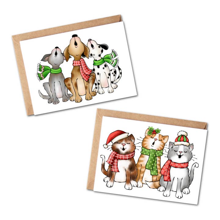 Caroling Animals Dogs Cats Hand Drawn Holiday Christmas Card for wholesale by Simply Crafty