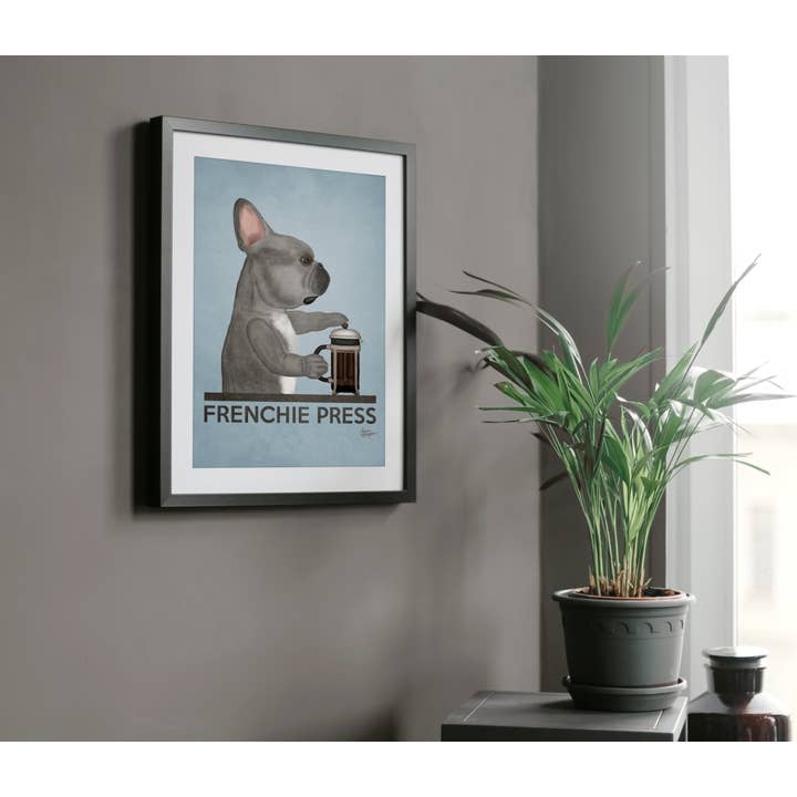 Laura Bergsma Studio – Engroshandel Kunsttryk – Fransk Bulldog Kunst Print, Frenchie Press, Blå m/BRN øje5