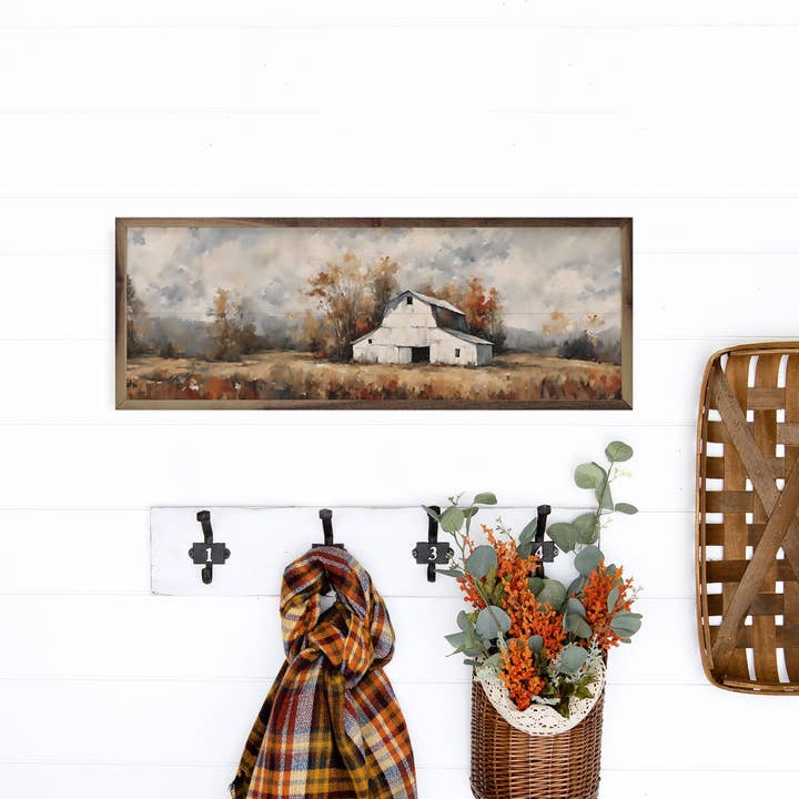 Kendrick Home - Wholesale Wood Wall Art - White Barn In The Fall2