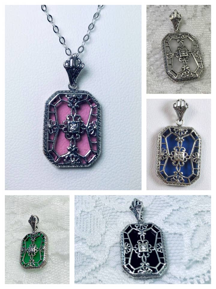 P203, Glasmalet Vedhæng med Indsat Ædelsten, Sterlingsølv Filigran, Halskæde #P203 for engroshandel hos Silver Embrace Jewelry