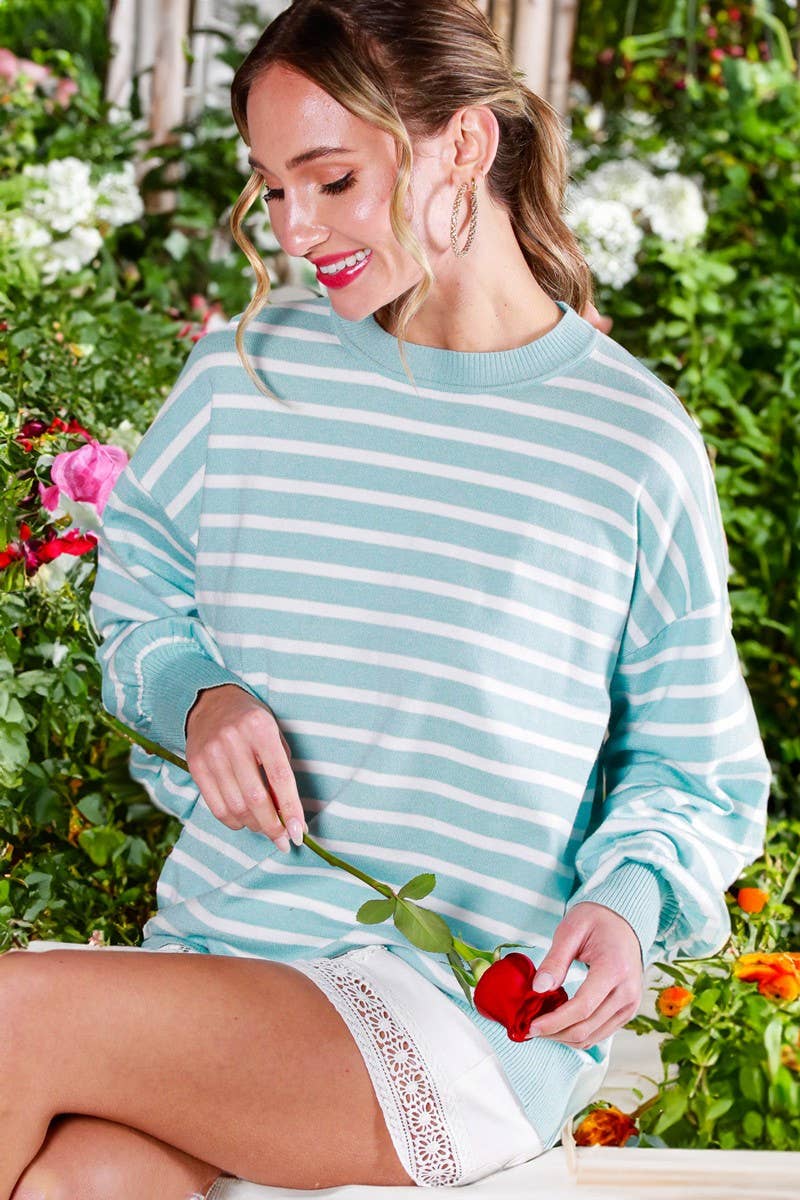 Vine & Love - Wholesale Knit Sweater - Women's - Striped Long Balloon Sleeve Knitted Sweater Top VT60387D1