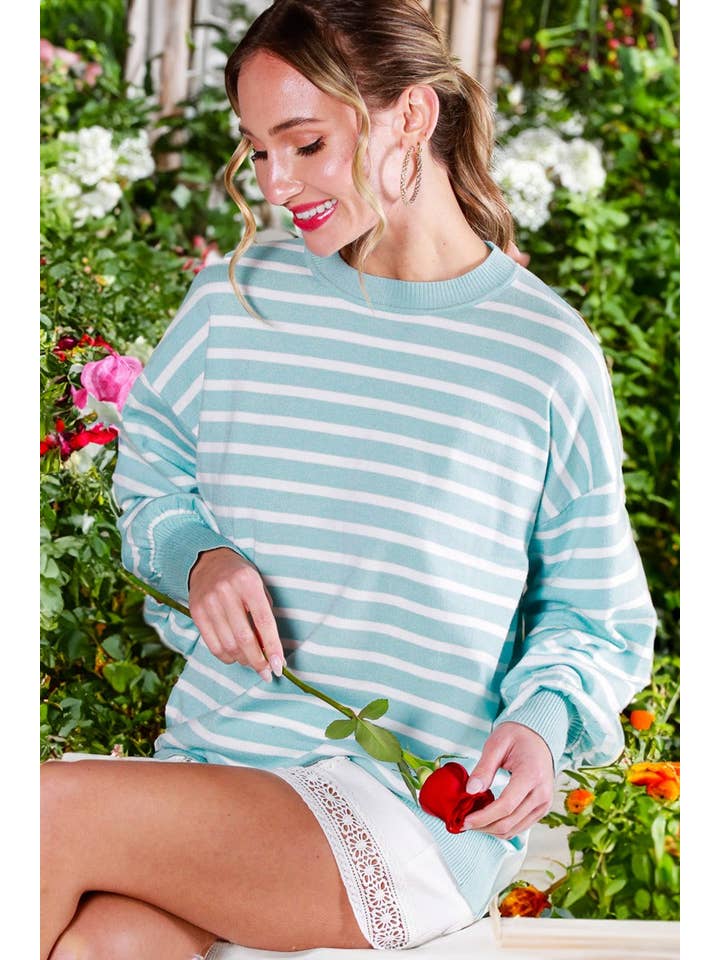 Vine & Love - Wholesale Knit Sweater - Women's - Striped Long Balloon Sleeve Knitted Sweater Top VT60387D1