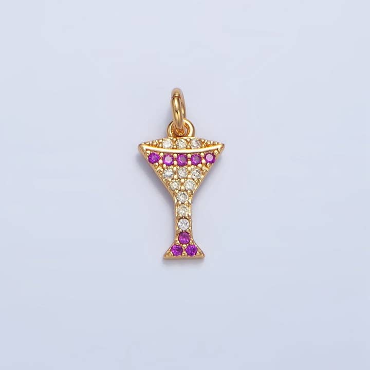 Aim Eternal - Wholesale Individual Charm/Pendant - 24K Gold Filled Fuchsia Micro Paved CZ Martini Alcohol Drink Charm | X791