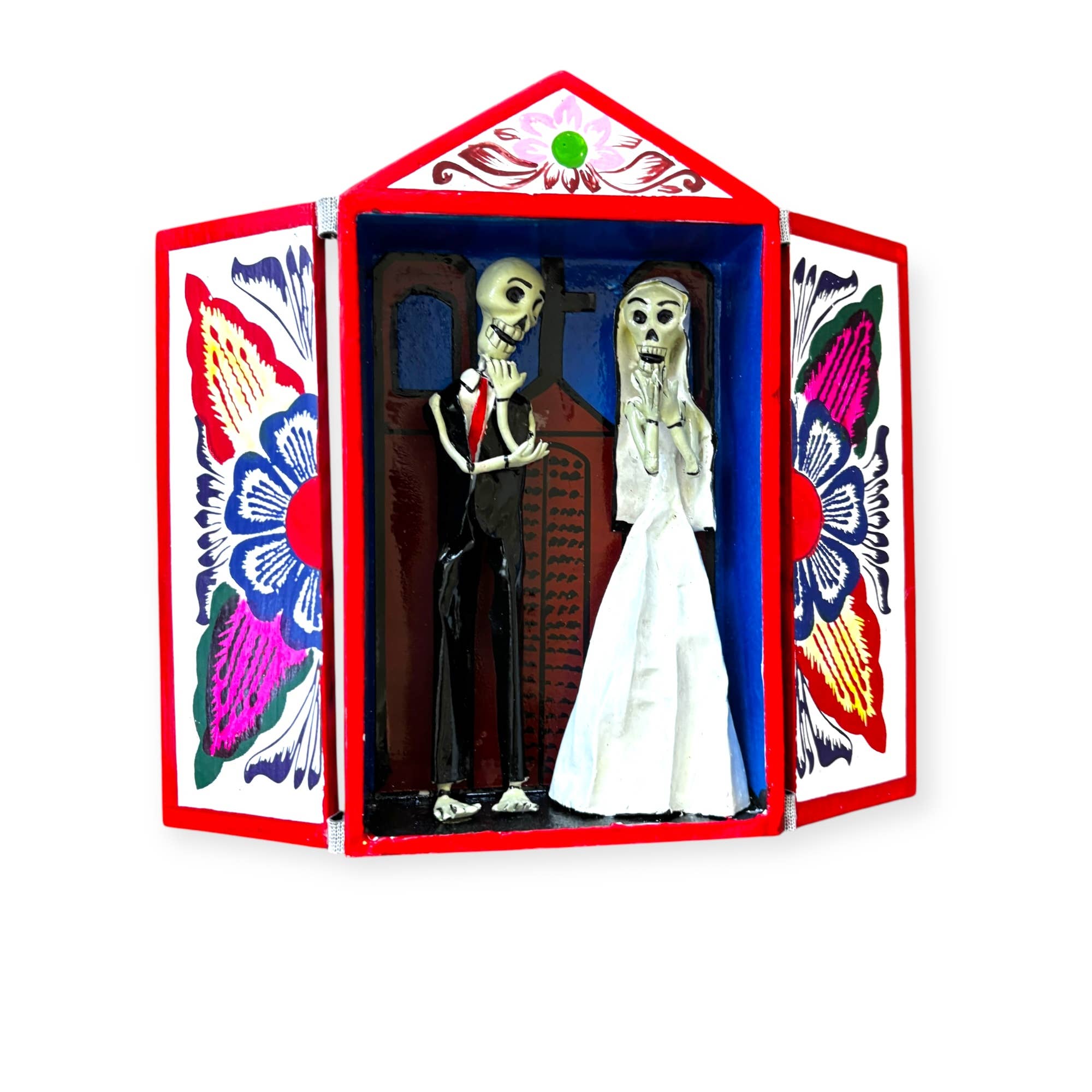 Zoe Artcrafts Corp. - Vendita all'ingrosso Statuette decorative - Retablos messicani artigianali per il Giorno dei Morti, Altare con scheletri6