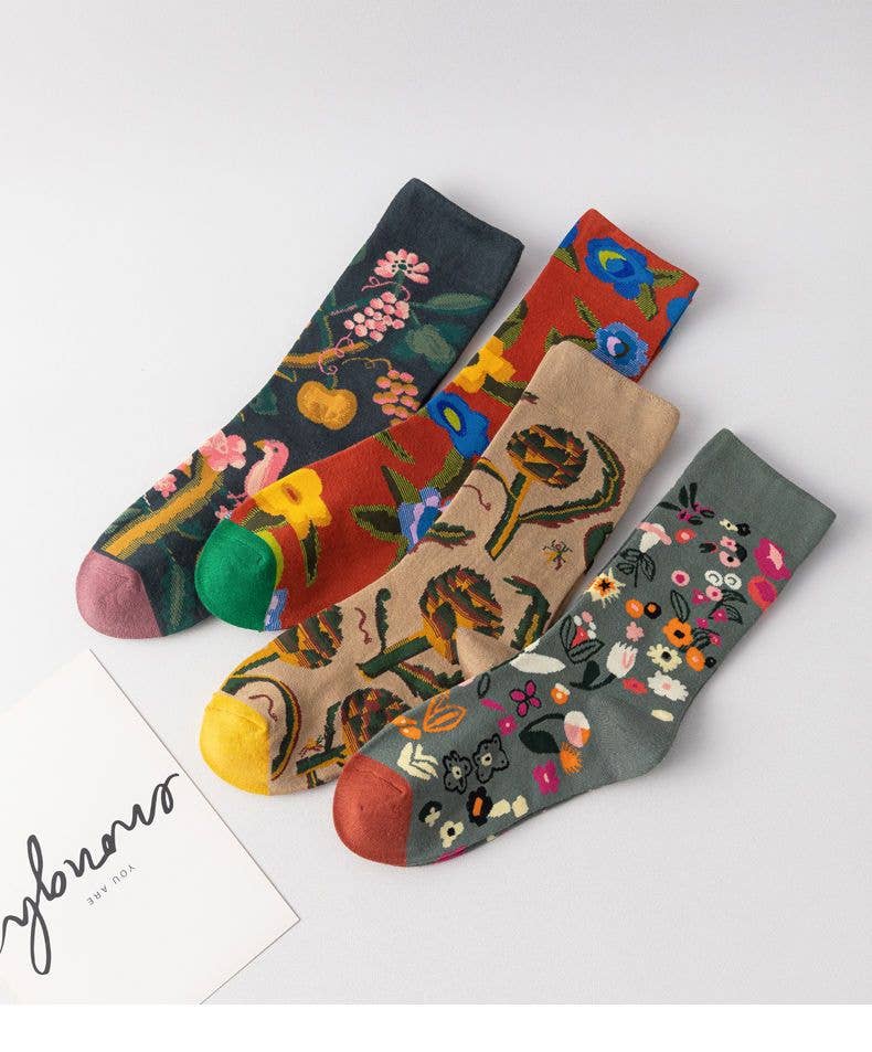 Tourtiwi - Vente Chaussettes – unisexe - Chaussettes vintage à plantes florales, chaussettes en coton, chaussettes longues5