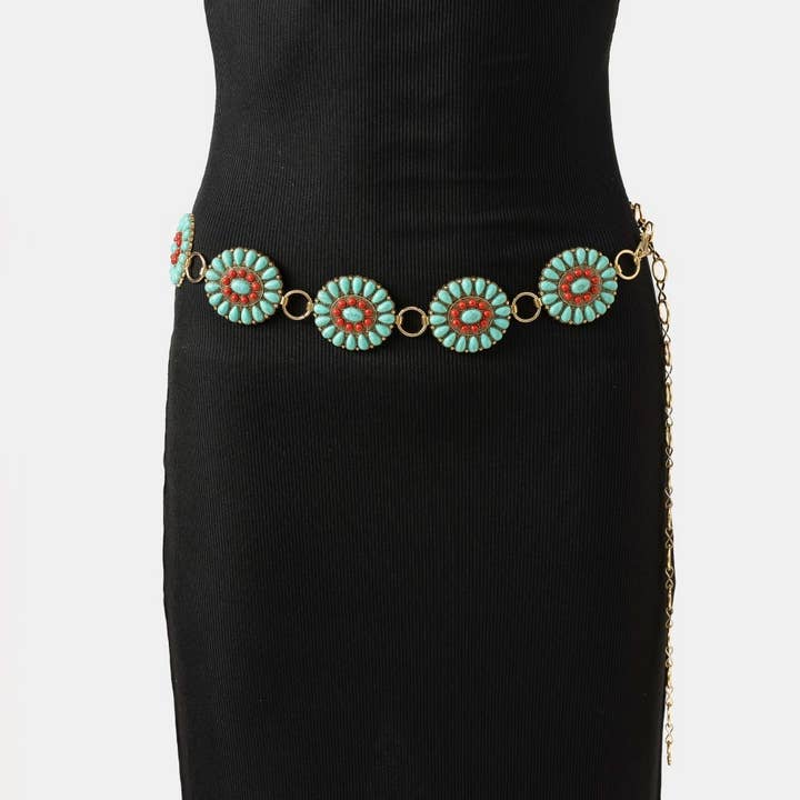Western Turquoise Concho Disc Chain Belt for wholesale by Collections by Fame Accessories