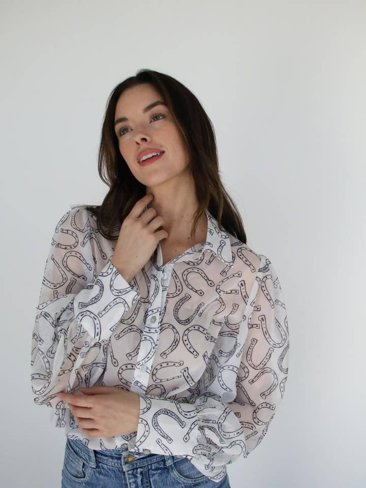 Turquoise Haven - Wholesale Button Down Shirt - Women's - TH11 HORSESHOE WHITE BLOUSE (7 Piece)