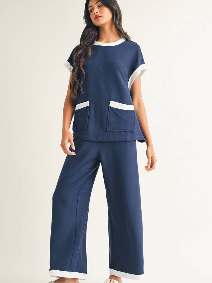 Little Daisy Closet - Wholesale Top & Pant Set (NOT Loungewear) - Women's - LDC Color Block Pocketed T Shirt and Wide Leg Pants Set