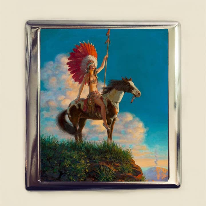 FringePop - Wholesale Cigarette Case - Art Deco Native American Cigarette Case Business Card ID Holder Wallet Indian Woman on Horse 1920s