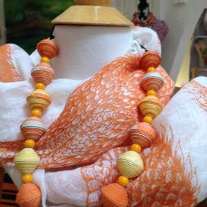 Dragon Pattern Linen Scarf - Off White and Orange for wholesale by Sunavworld, LLC