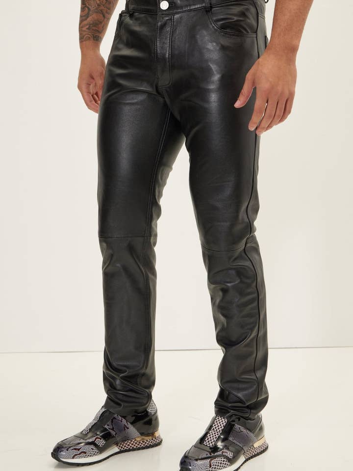 Men's Genuine Lambskin Leather Pants - Black for wholesale by Ron Tomson
